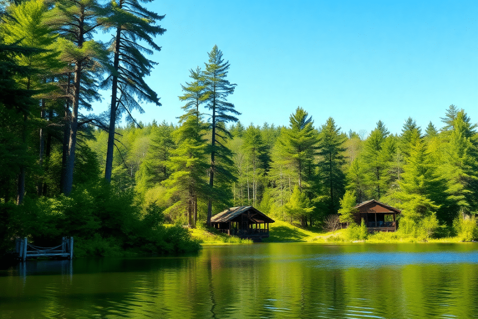 Rustic off-grid prefab cottages on remote waterfront lots in Ontario, surrounded by nature with solar panels and rainwater systems, illustrating sustainable living in rural environments.