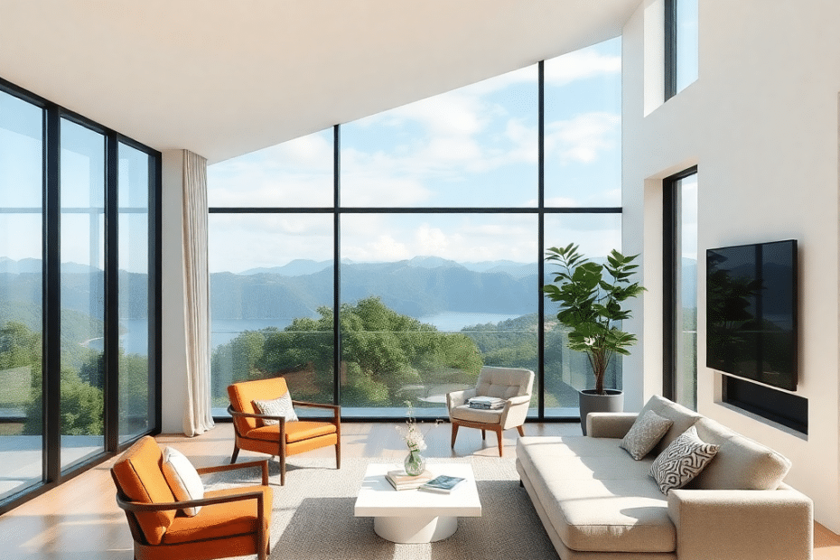 A picturesque modern prefab cottage interior in Ontario featuring open-concept living, large windows, wood accents, and stylish furniture in a well-lit showroom model.