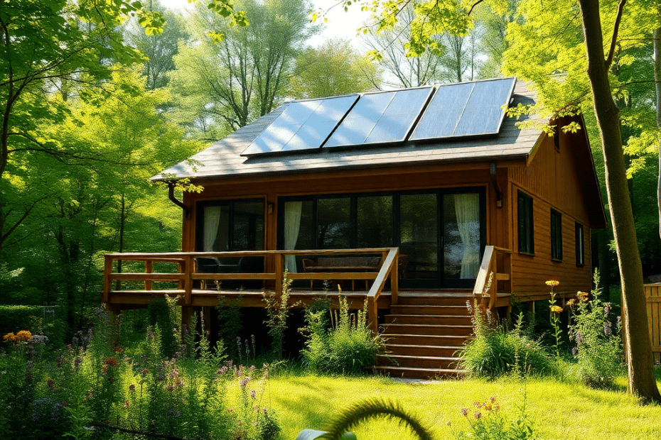 Do-Eco-Friendly-Prefab-Cottages-in-Ontario-Require-More-Maintenance-A-hand-crafted-rustic-style-prefab-cottage-nestled-among-tall-pines-and-lush-undergrowth-in-a-vibrant-forest-setting