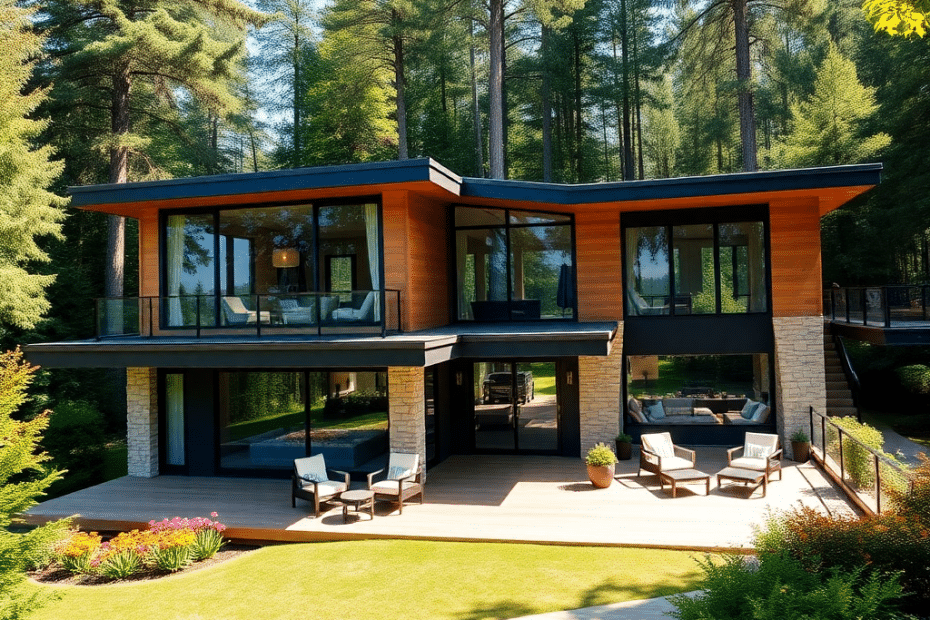 How-Long-Does-It-Take-to-Build-an-Eco-Friendly-Prefab-Cottage-in-Ontario-A-contemporary-prefab-cottage-with-clean-architectural-lines-and-large-floor-to-ceiling-windows-situated-in-a-forested-area