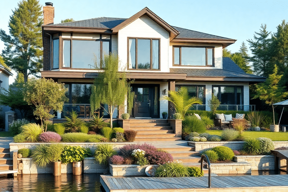 A stylish modern prefab cottage situated on a serene Ontario waterfront, featuring large windows, a sloped metal roof, and energy-efficient construction—representing a turnkey option for buyers comparing build vs. buy costs