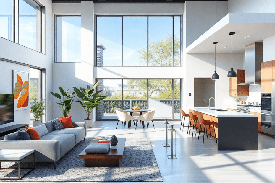 Open-concept interior of a beautiful modern prefab cottage in Ontario, showcasing stylish design, natural lighting, and efficient space planning for comfortable year-round living.