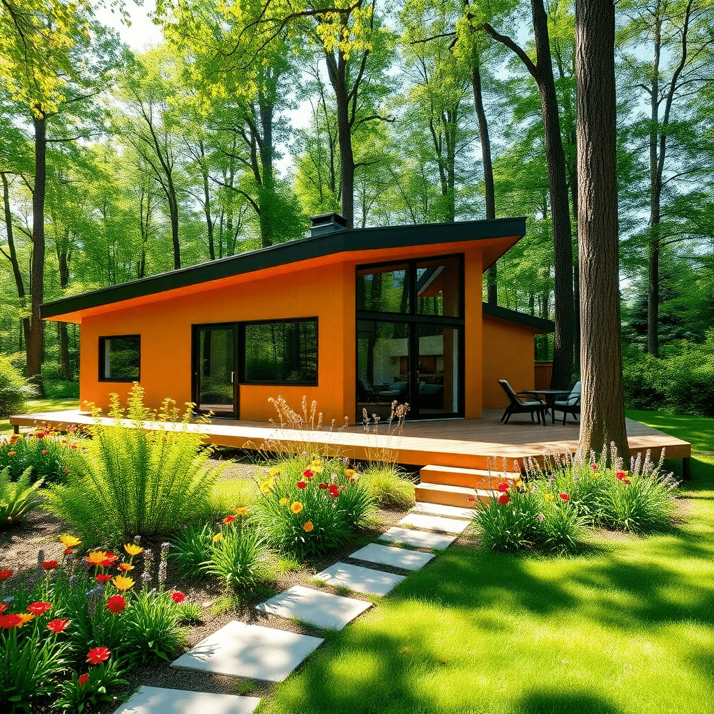 Prefab-Cottages-Ontario-for-Sale-Affordable-small-orange-and-black-prefab-cottage-on-a-forested-lot-in-Ontario