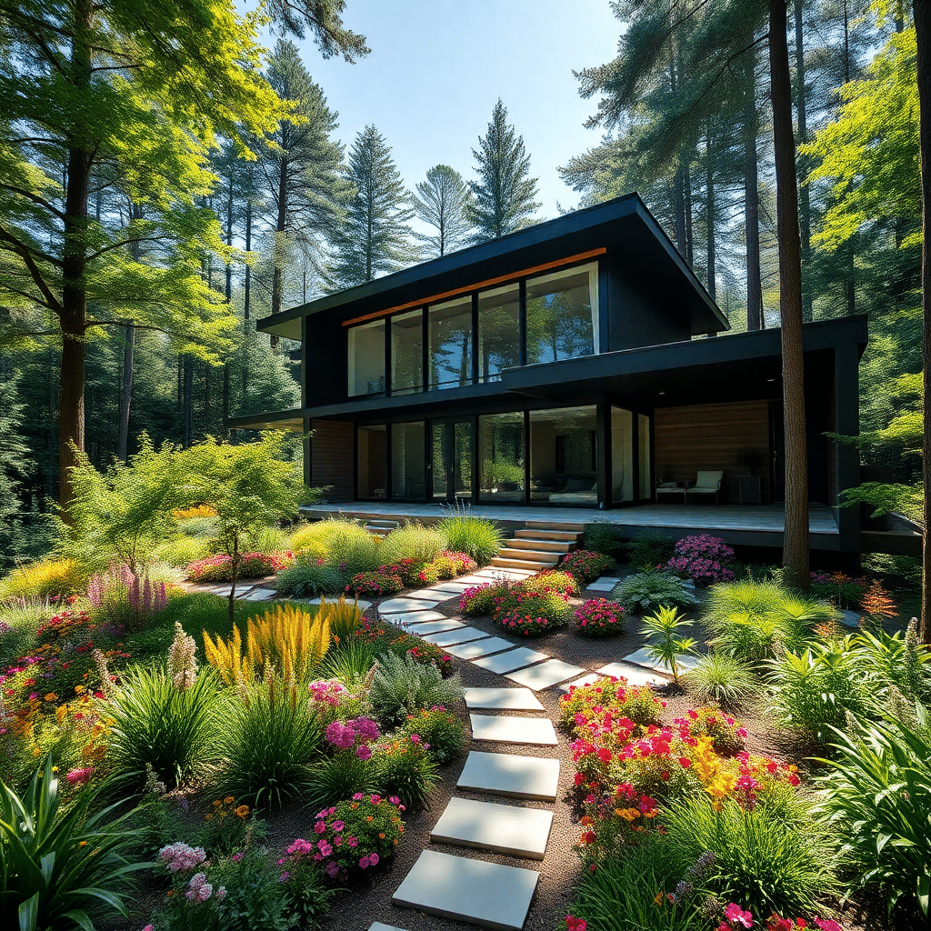 Prefab-Cottages-Ontario-for-Sale-Modern-black-exterior-prefab-cottage-in-a-vibrant-forested-area-of-Ontario-built-with-modular-construction