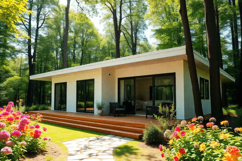 A charming small prefab cottage nestled among tall pine trees on a forested residential lot in Ontario, with a gravel driveway and natural landscaping.