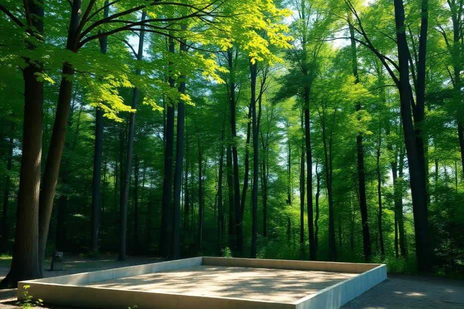 Prefab cottage foundation on a wooded residential lot in Ontario, showing elevated supports and soil grading — raises concerns about structural shifting due to terrain or seasonal changes.