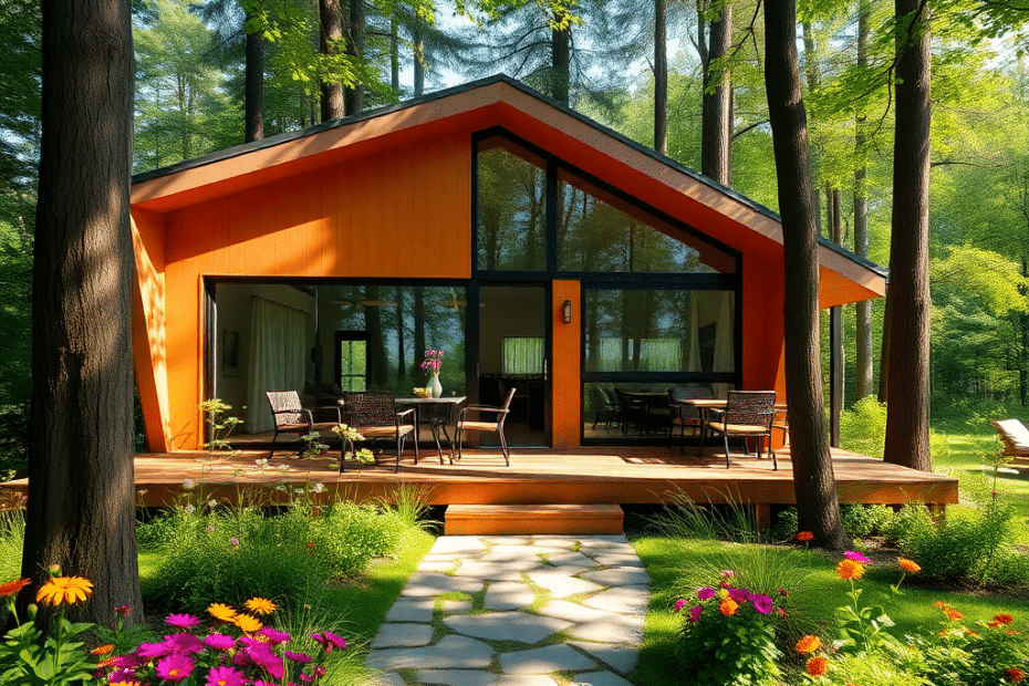 A modern prefab cottage in Ontario with surrounding undeveloped land and construction equipment, symbolizing unexpected costs such as permits, site prep, utility hookups, and delivery fees that may arise during the home buying process