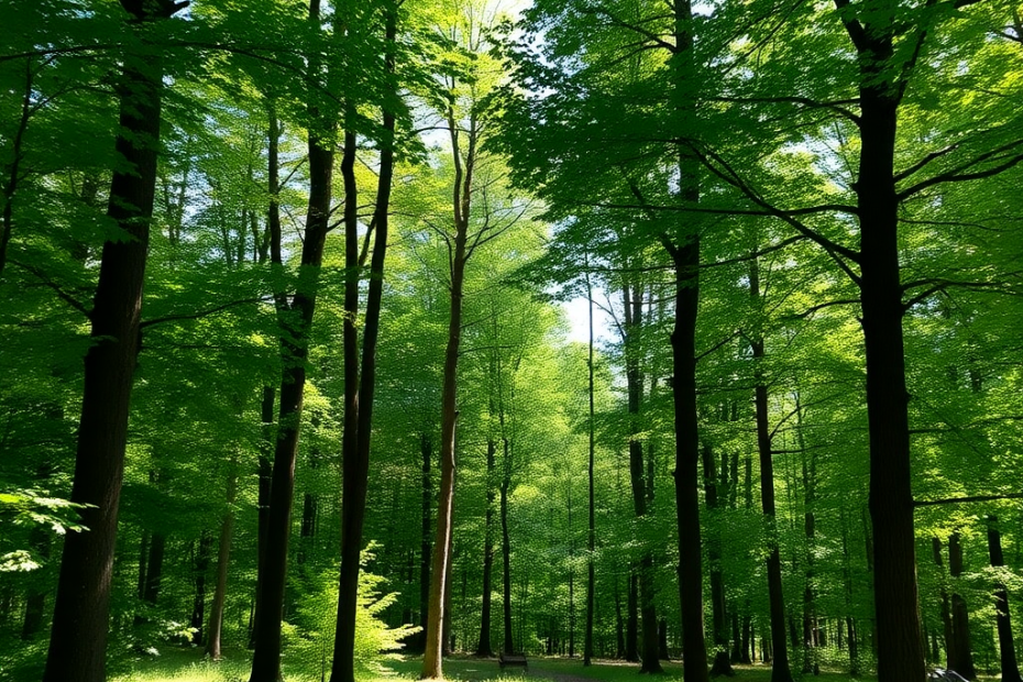 A forested lot in Ontario with a narrow dirt road leading to a potential cottage site, surrounded by dense trees and minimal grading.