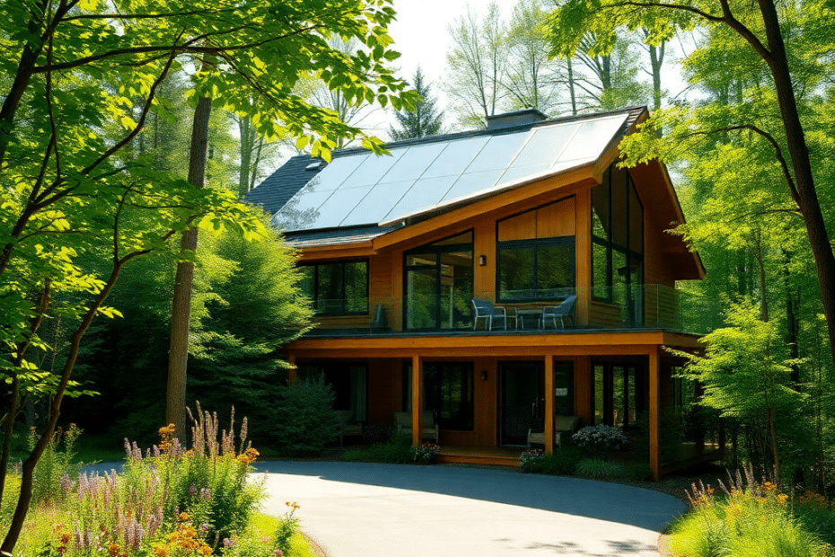 Winter-Ready-Prefab-Cottage-Floor-Plans-for-Ontario-Living-A-cozy-weathered-wood-prefab-cottage-with-a-pitched-metal-roof-with-solar-panels-and-wraparound-porch-on-a-sunlit-Ontario-lot