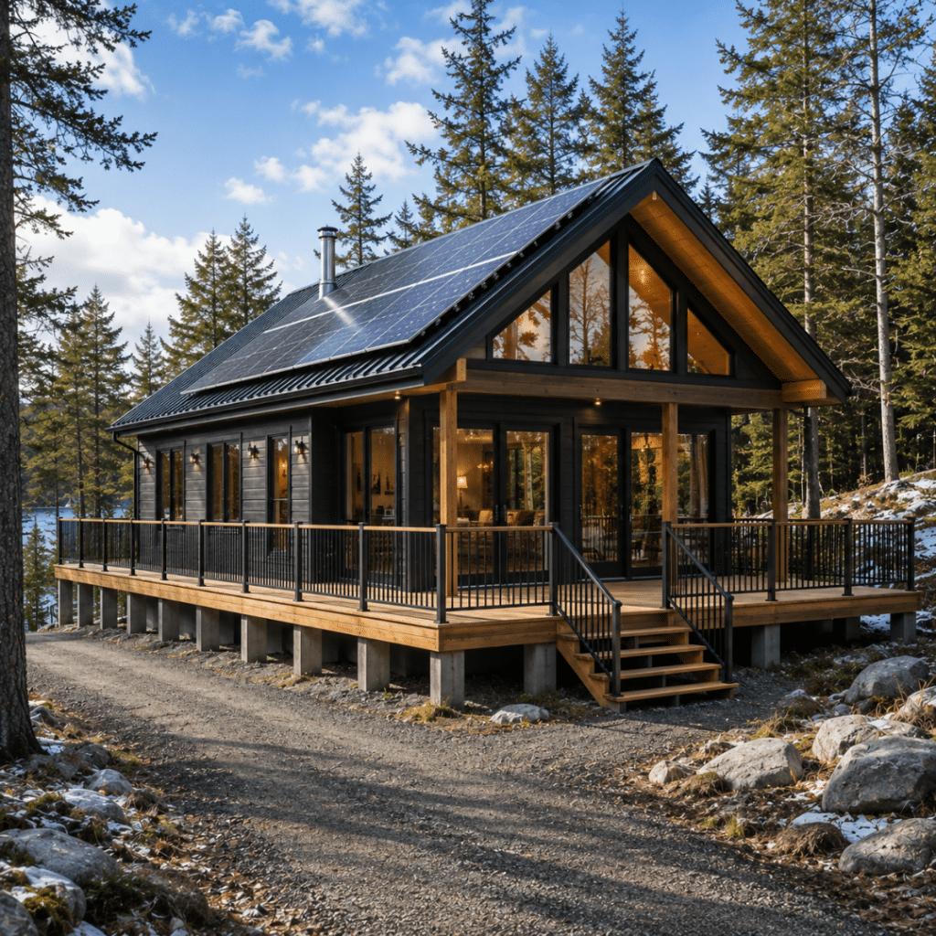 Can You Finance an Off-Grid Prefab Cottage in Ontario? Custom off-grid prefab cottage based on the My Own Cottage Fox Den design, featuring rooftop solar panels, a permanent foundation, year-round driveway access, and a wooded Ontario setting.