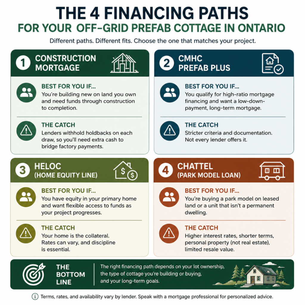 Can You Finance an Off-Grid Prefab Cottage in Ontario? Comparison infographic showing four financing paths: construction mortgage, CMHC Prefab Plus, HELOC, and chattel loan, with the best use case and key trade-offs for each.