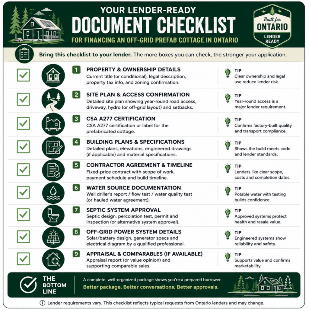 Can You Finance an Off-Grid Prefab Cottage in Ontario? Lender-ready document checklist showing the key paperwork needed for financing, including a site plan, CSA A277 certification, engineered drawings, energy system specifications, septic and well documentation, insurance, builder contract, and appraisal.