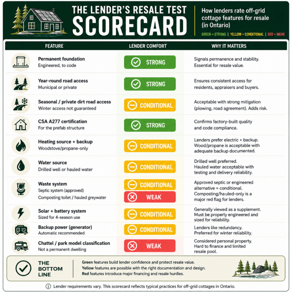 Can You Finance an Off-Grid Prefab Cottage in Ontario? Lender's Resale Test scorecard comparing permanent foundations, year-round road access, CSA A277 certification, heating, water, wastewater, solar systems, backup power, and park model classification for financing confidence.