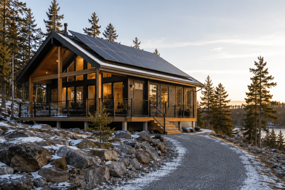 Can You Finance an Off-Grid Prefab Cottage in Ontario? Completed four-season off-grid prefab cottage with rooftop solar panels, permanent foundation, year-round driveway access, and Canadian Shield landscape.