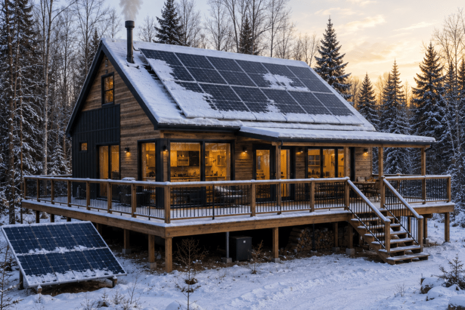 Can You Live Off-Grid in a Prefab Cottage in Ontario? Modern four-season prefab cottage with roof-mounted solar panels, wraparound deck, permanent foundation, warm interior lighting, and snow-covered Ontario landscape demonstrating year-round off-grid living.