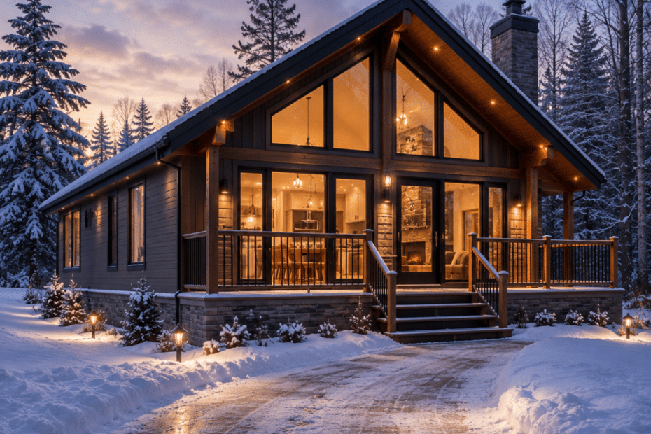 Can You Live Year-Round in a Prefab Cottage in Ontario? Four-season prefab cottage in an Ontario winter with a plowed driveway, permanent foundation, and warm interior lighting
