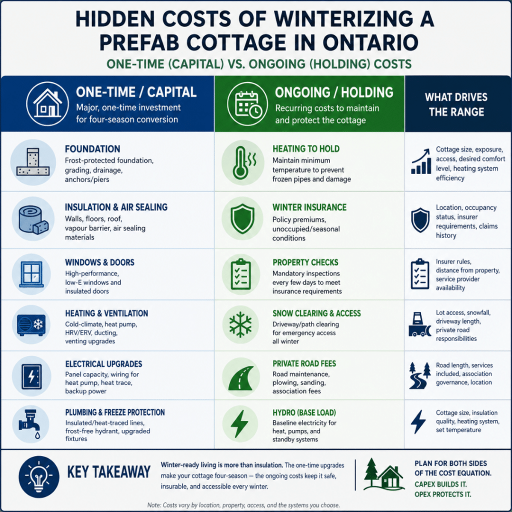 Hidden Costs of Winterizing a Prefab Cottage in Ontario infographic comparing one-time capital costs such as foundation, insulation, windows, heating, and plumbing upgrades with ongoing holding costs including insurance, hydro, snow clearing, property checks, and private road maintenance.