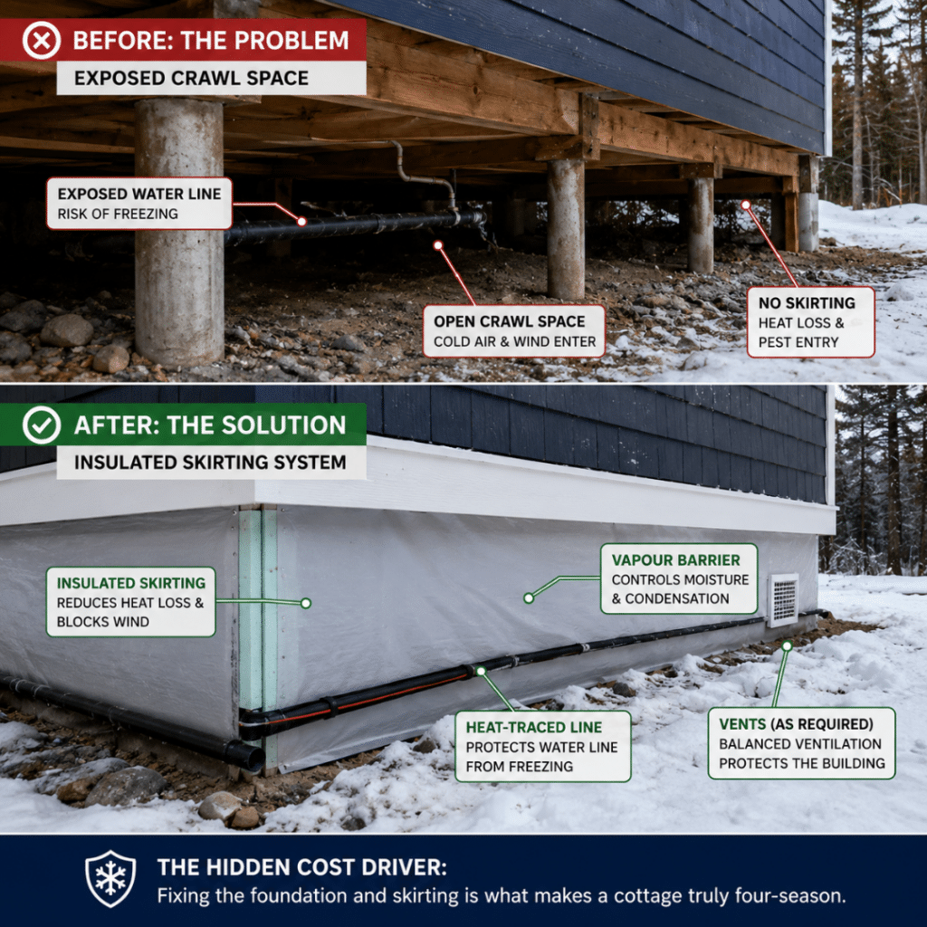 Hidden Costs of Winterizing a Prefab Cottage in Ontario comparison showing an exposed crawl space on concrete piers versus insulated skirting with a vapour barrier and heat-traced water line for year-round four-season performance.