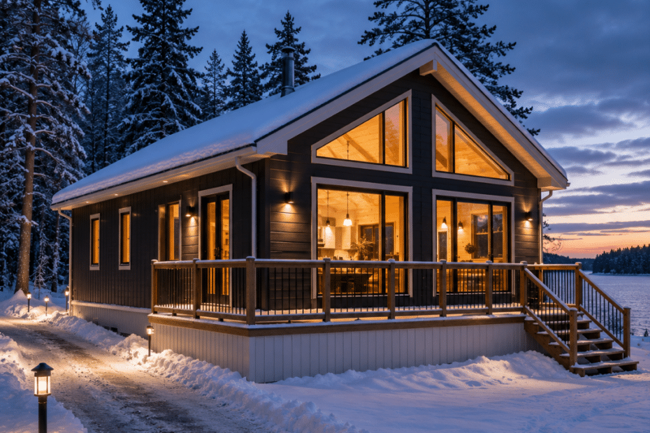 Hidden Costs of Winterizing a Prefab Cottage in Ontario: completed four-season prefab cottage during an Ontario winter with a permanent foundation, snow-covered roof, cleared driveway, and warm interior lighting illustrating year-round winter-ready construction.