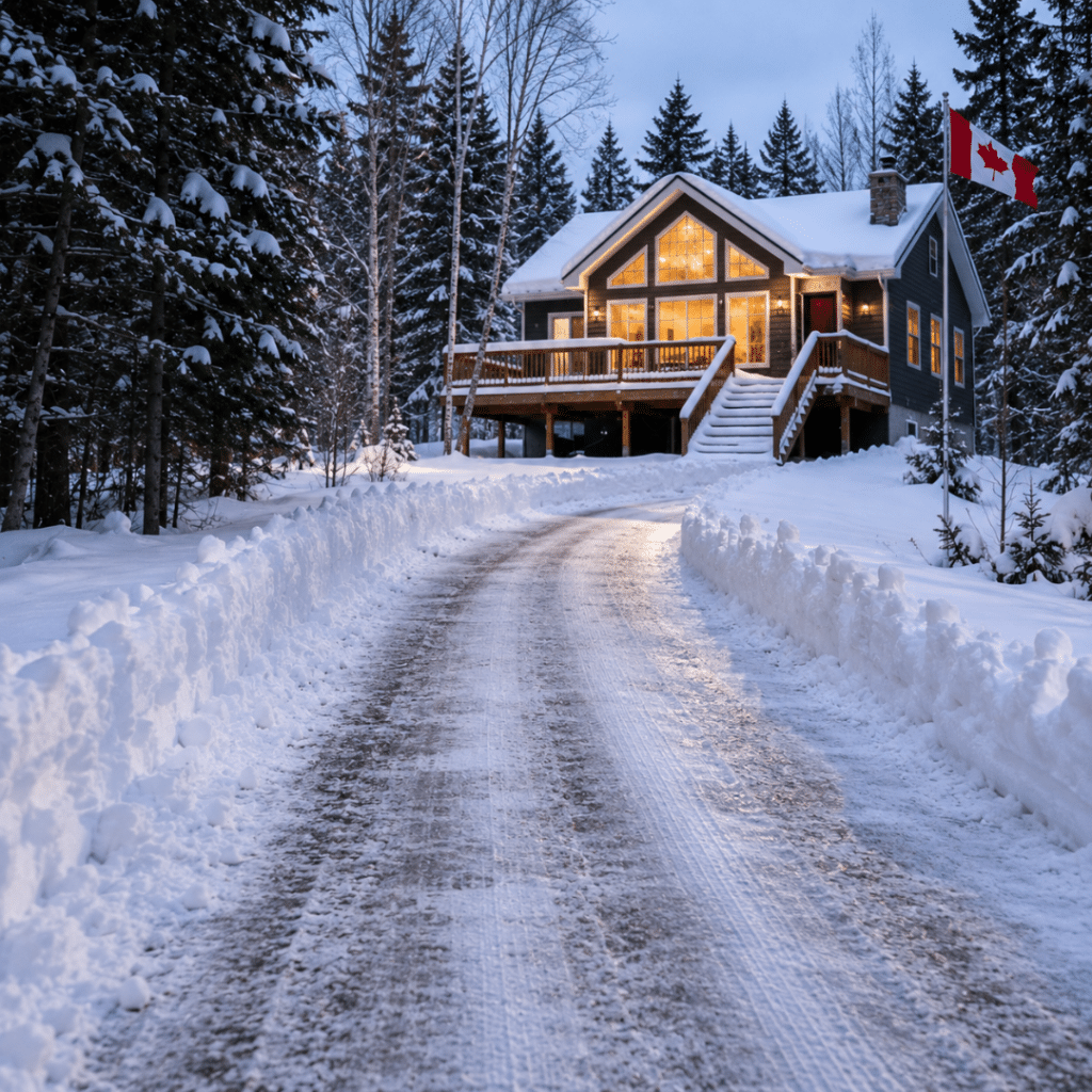 Hidden Costs of Winterizing a Prefab Cottage in Ontario showing a plowed winter driveway leading to a four-season cottage, illustrating year-round access, snow clearing, emergency vehicle access, and winter insurance considerations.