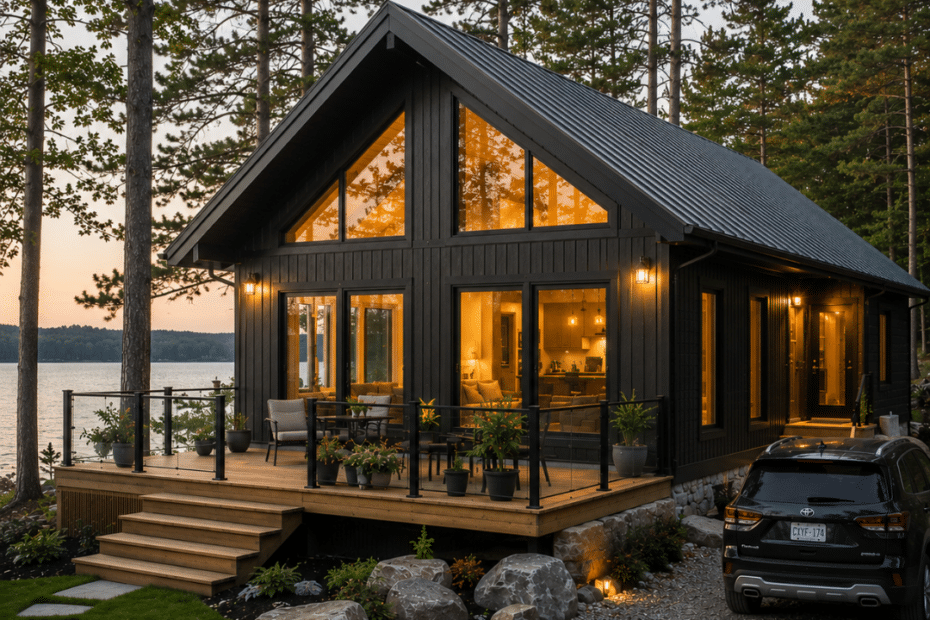 Modern Prefab Cottages in Ontario With Prices featuring a completed four-season waterfront cottage with black exterior cladding, floor-to-ceiling windows, warm interior lighting, and a permanent foundation.
