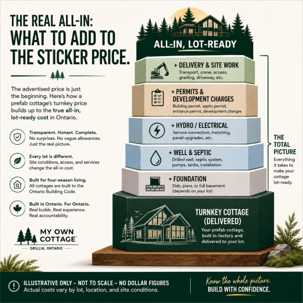 Modern Prefab Cottages in Ontario With Prices diagram showing how a turnkey cottage price builds to the all-in, lot-ready cost through foundation, well and septic, hydro, permits, development charges, and site work.