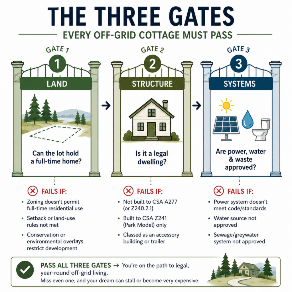 Off-grid cottage Ontario three gates diagram showing Land, Structure, and Systems checks for legally building a full-time prefab home
