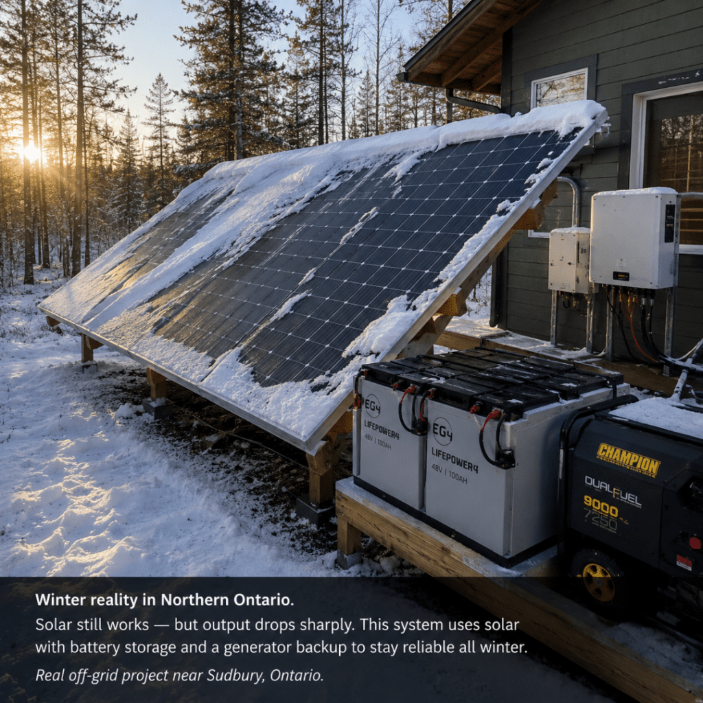 Off-grid solar Ontario system with snow-covered solar panels, battery storage, and generator backup at a winter cottage