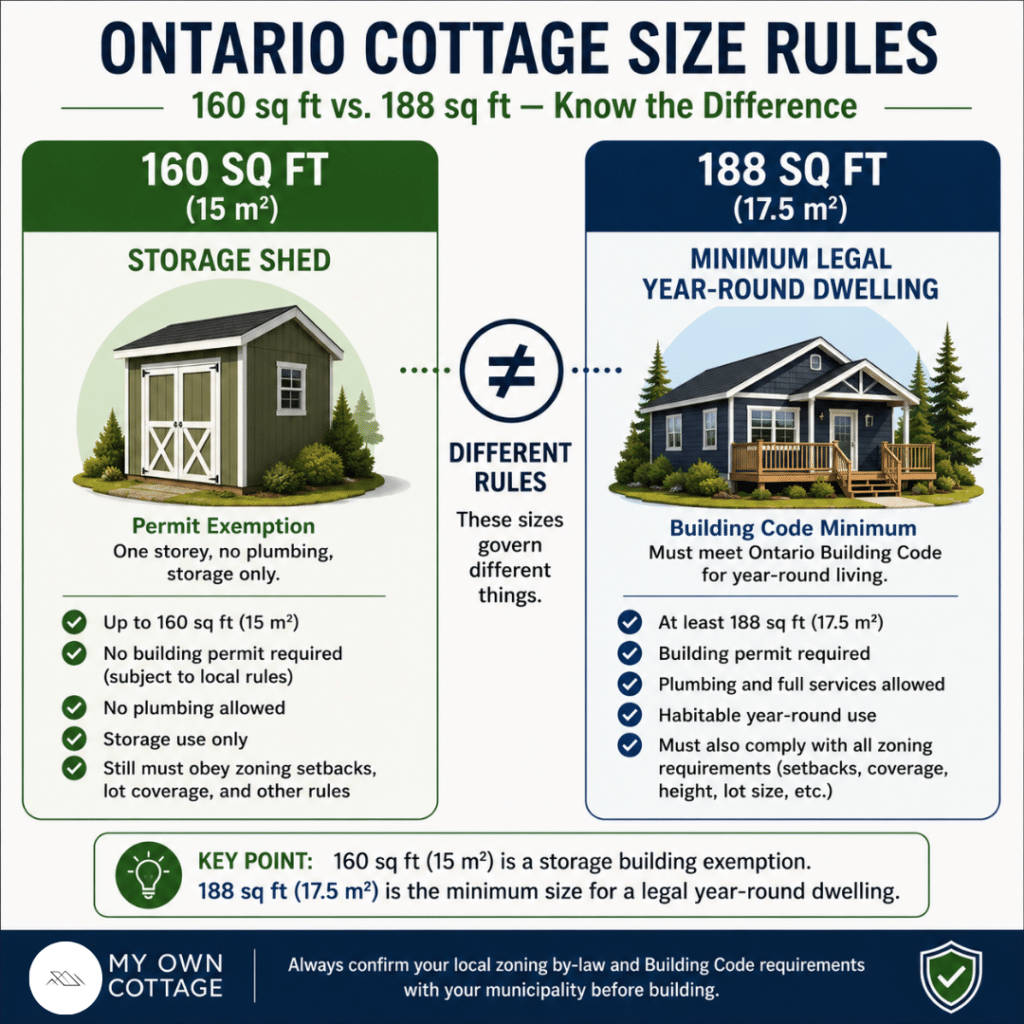 Ontario Prefab Cottage Zoning Laws infographic comparing the 160 sq ft (15 m²) storage shed permit exemption with the 188 sq ft (17.5 m²) minimum legal year-round dwelling size under the Ontario Building Code.