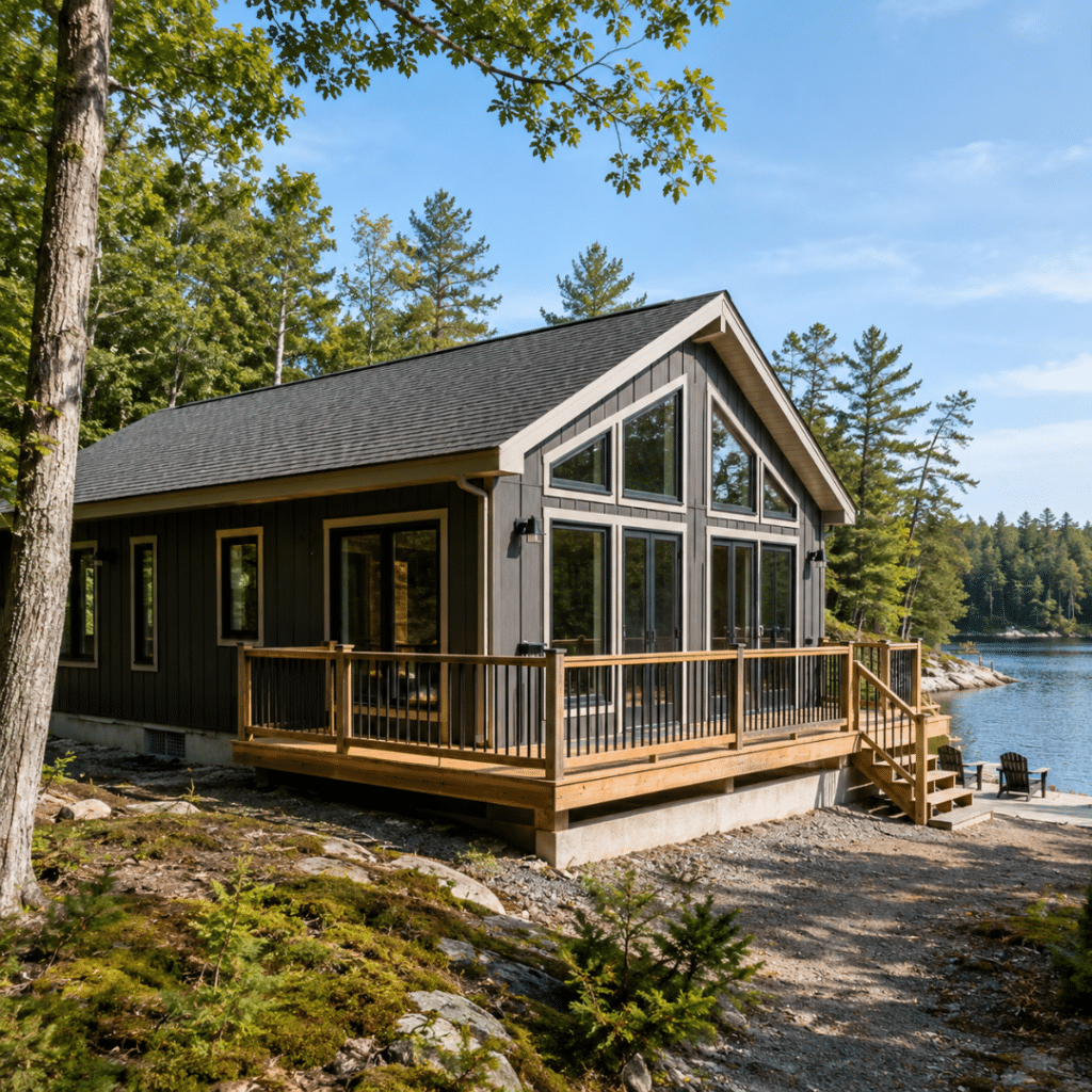 Ontario Prefab Cottage Zoning Laws: completed CSA A277-certified prefab cottage on a permanent foundation overlooking an Ontario waterfront lot, illustrating legal siting, permanent construction, and year-round residential use.