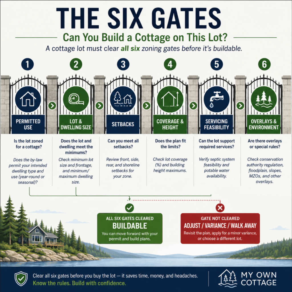 Ontario Prefab Cottage Zoning Laws infographic showing the six zoning gates every Ontario cottage lot must pass: permitted use, lot and dwelling size, setbacks, coverage and height, servicing feasibility, and environmental overlays before a prefab cottage can be built.