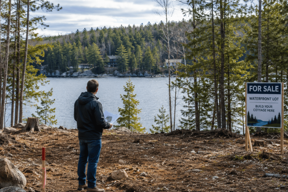 Ontario Prefab Cottage Zoning Laws: buyer assessing a waterfront cottage lot in Ontario before building a prefab cottage, illustrating zoning due diligence, shoreline setbacks, and pre-purchase land evaluation.