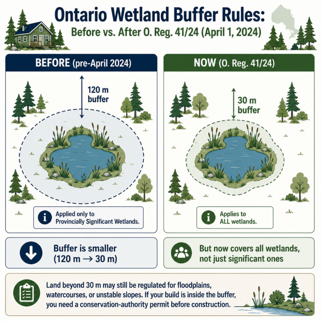 Ontario wetland buffer rules comparison showing the change from a 120 m buffer around Provincially Significant Wetlands to a 30 m buffer that applies to all wetlands under O. Reg. 41/24