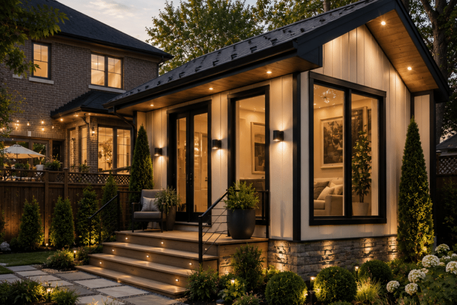 Prefab cottages Oakville backyard ADU with a modern four-season prefab cottage on a permanent foundation behind an existing home in Oakville, Ontario.