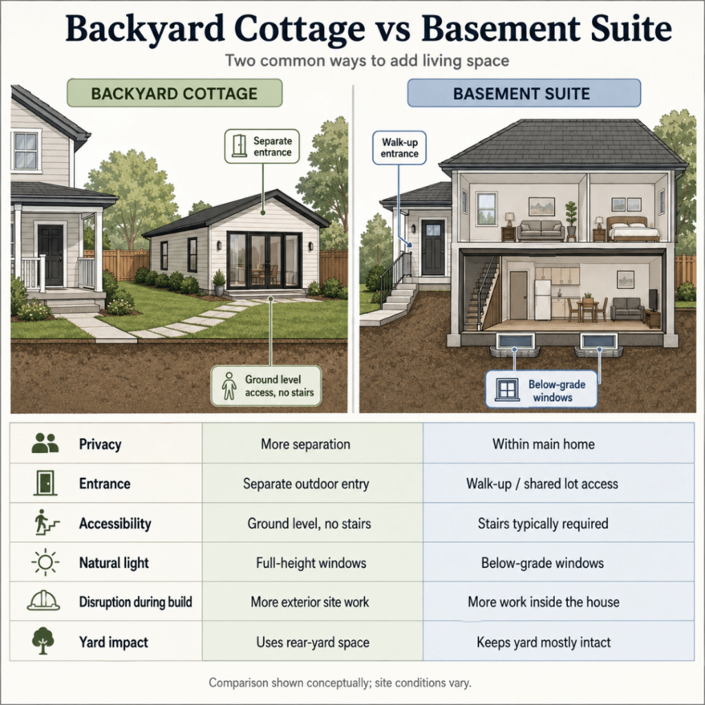 Comparison of a detached prefab backyard cottage and basement suite showing differences in privacy, entrance, accessibility, natural light, construction disruption and yard impact.
