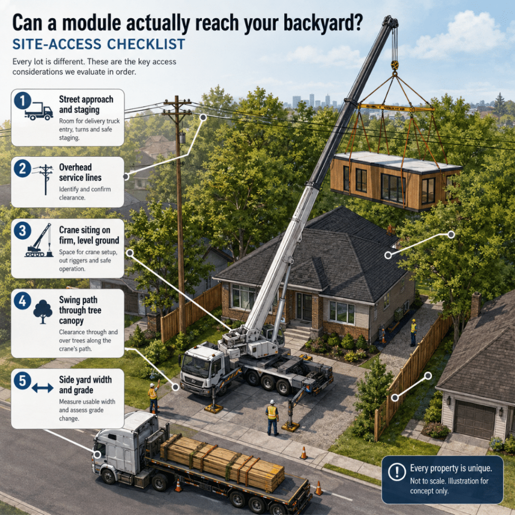 Prefab cottages Oakville site-access checklist showing street staging, overhead lines, crane setup, tree canopy and side-yard access for backyard module delivery.