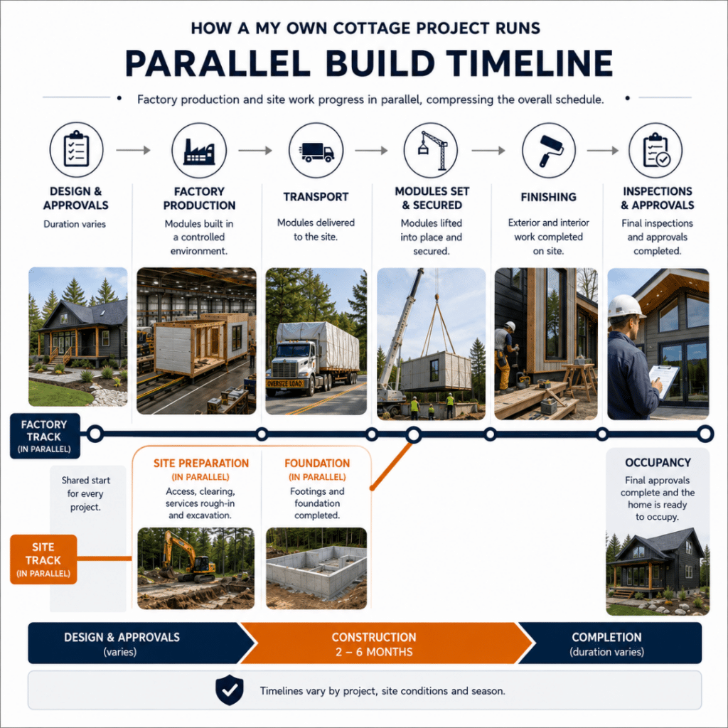Prefab cottages Oakville parallel build timeline showing factory production and site preparation progressing simultaneously before module installation, finishing, inspections and occupancy