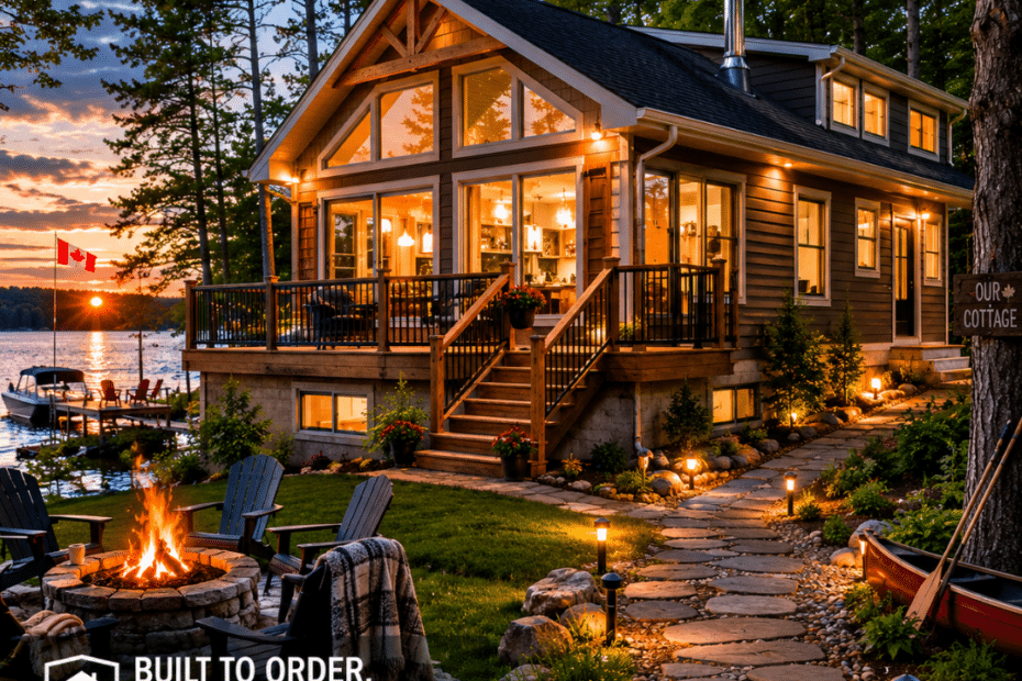 Prefab Cottages Ontario for Sale: completed four-season prefab cottage on a private Ontario lakeside lot with a permanent foundation, covered porch, landscaped yard, and warm interior lighting.