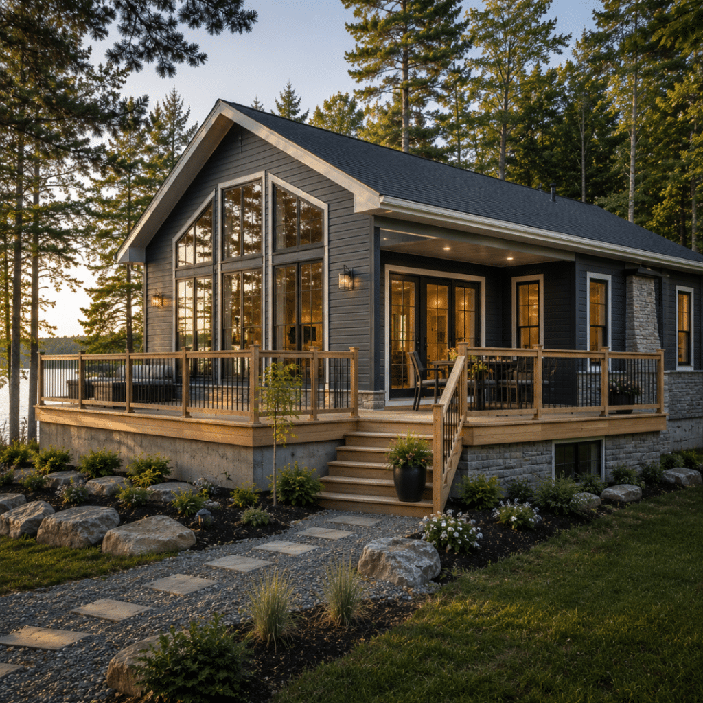 Prefab Cottages Ontario for Sale: completed four-season prefab cottage on a permanent foundation with a covered deck, landscaped Ontario lot, and lakeside setting.