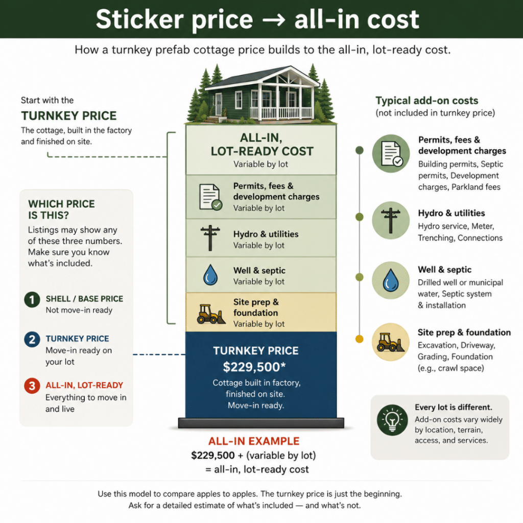 Prefab Cottages Ontario for Sale infographic showing how a turnkey cottage price builds to the all-in lot-ready cost through foundation, site preparation, well and septic, hydro, permits, and development charges.