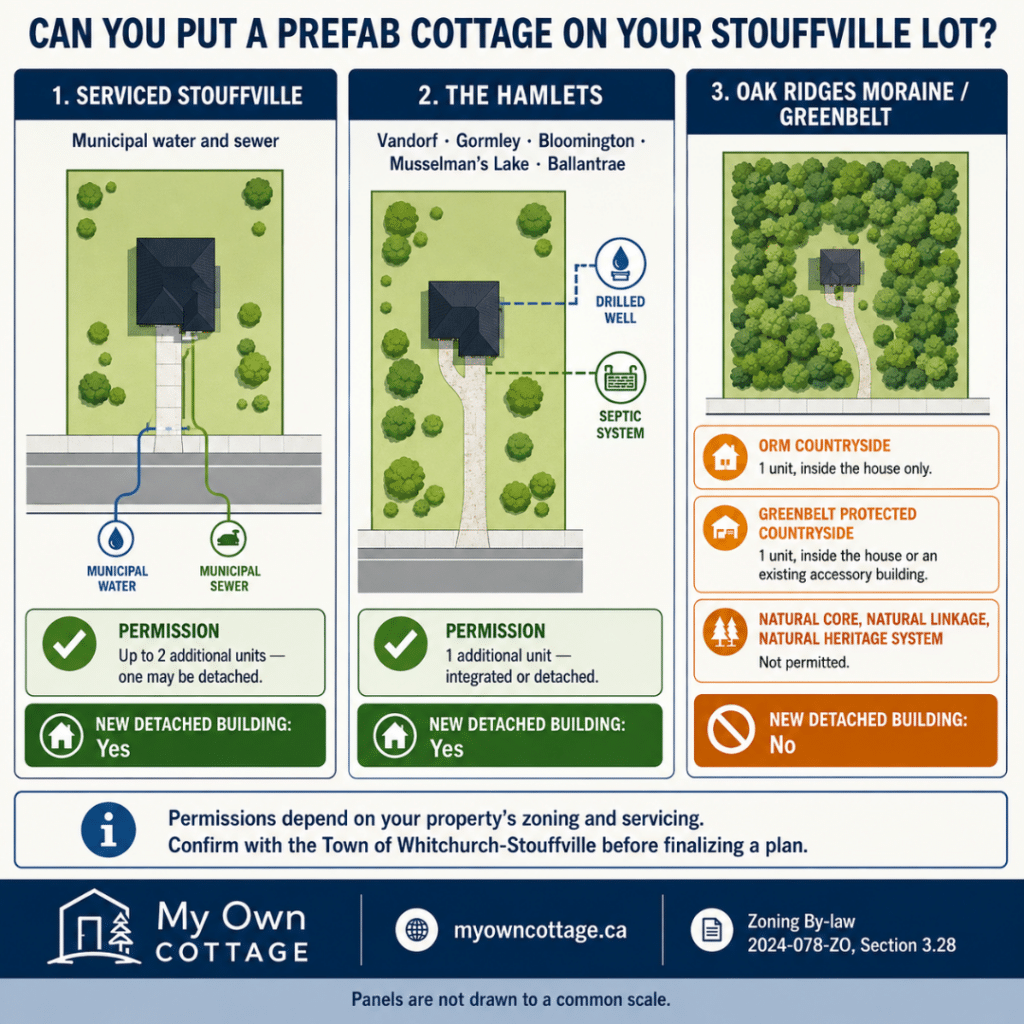 Prefab cottages Stouffville lot guide comparing serviced urban lots, hamlets, and Oak Ridges Moraine and Greenbelt properties, showing where detached additional residential units are permitted under Zoning By-law 2024-078-ZO.