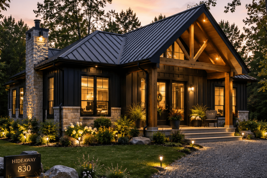 Prefab cottages Stouffville on a treed rural-residential lot, showing a modern four-season prefab cottage with contemporary farmhouse architecture, landscaped entrance and gravel driveway in York Region, Ontario.