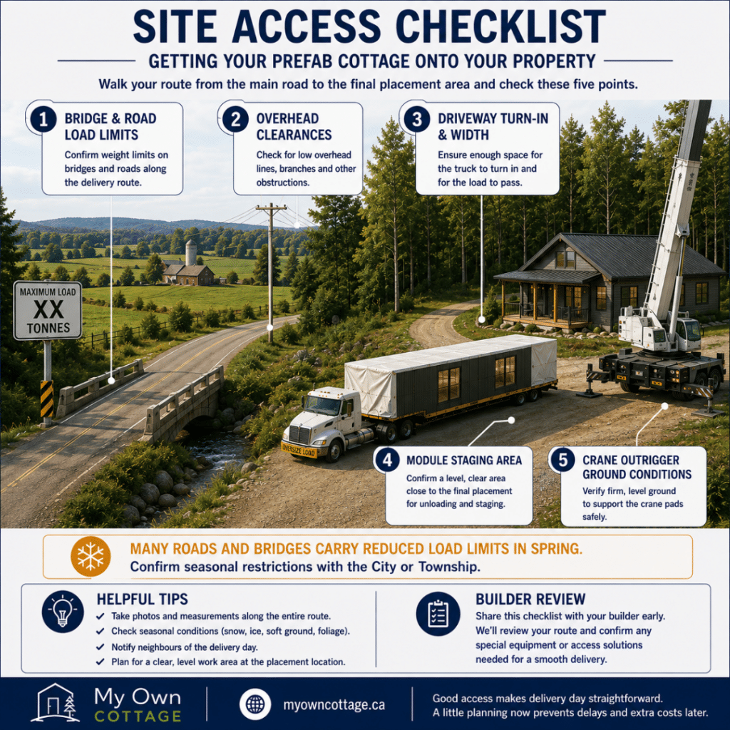 Prefab cottages Stouffville site access checklist showing bridge and road load limits, overhead utility lines, driveway turn-in, module staging area and crane ground conditions for modular home delivery.