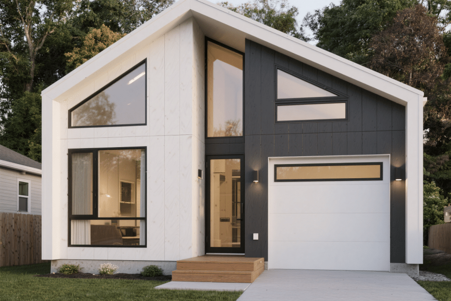 Exterior view of a modern 1,200 square foot modular home in Ontario with front porch and energy-efficient windows