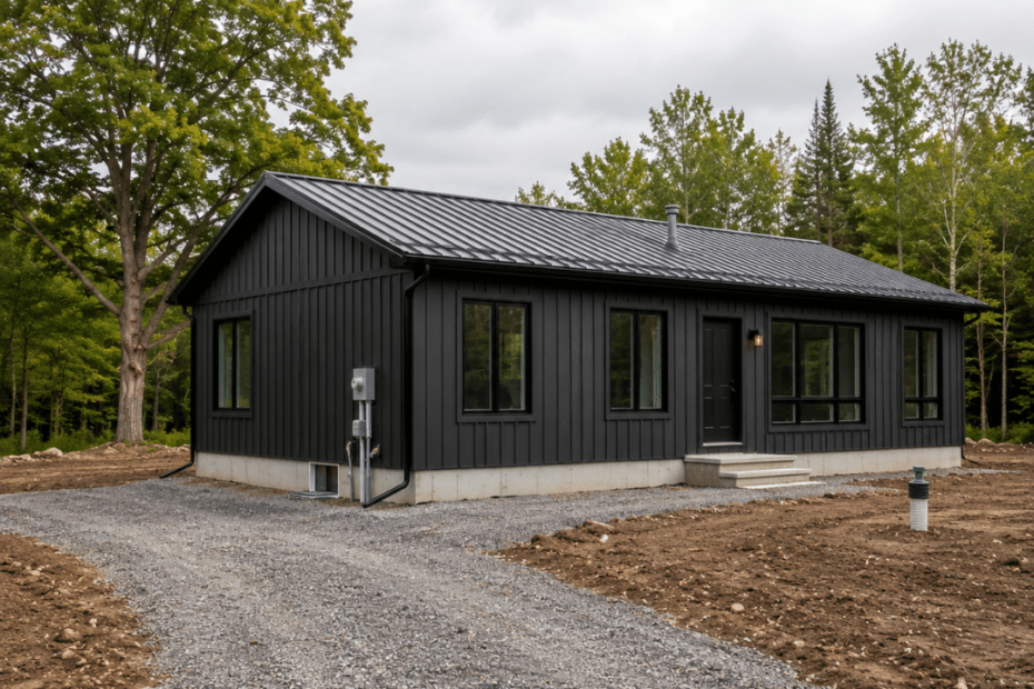 1200 Sq Ft Modular Home Price Ontario — completed My Own Cottage modular bungalow on a prepared Ontario lot with visible foundation, gravel driveway, utility servicing, site grading, and permanent installation