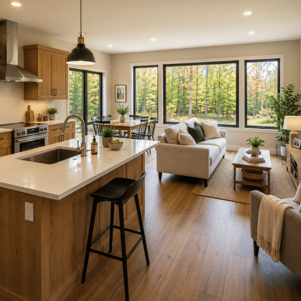 1200 sq ft modular home price Ontario example showing a completed My Own Cottage open-concept interior with kitchen island, living area, engineered flooring, and large windows in a CSA A277 certified modular home