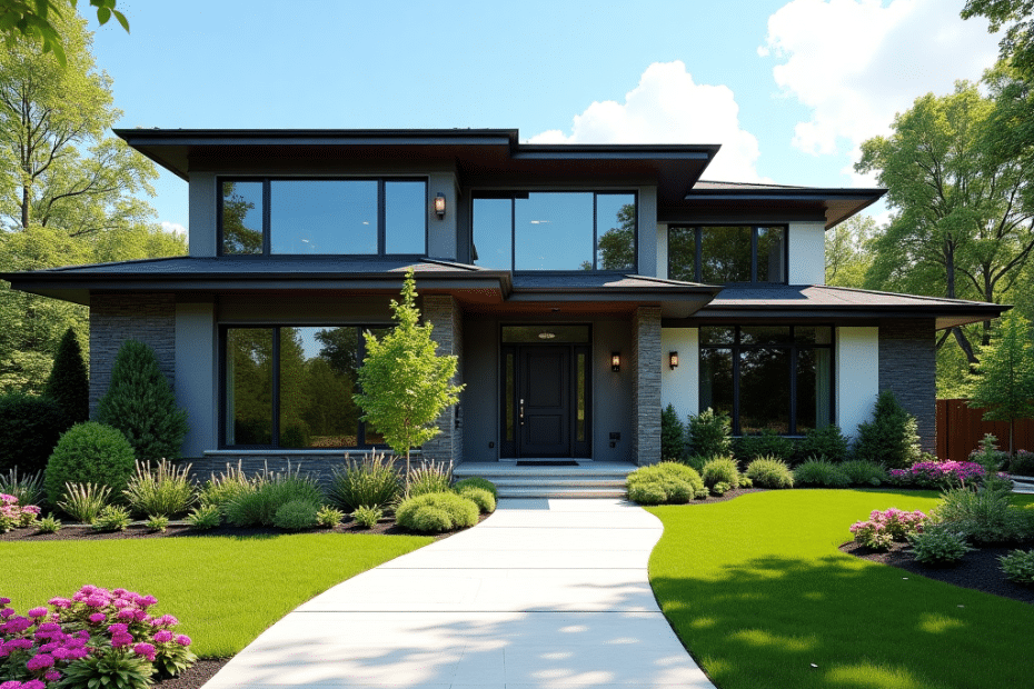 Beautiful and stylish modern prefab home exterior in London, Ontario showcasing affordable prefabricated housing design and high-quality materials