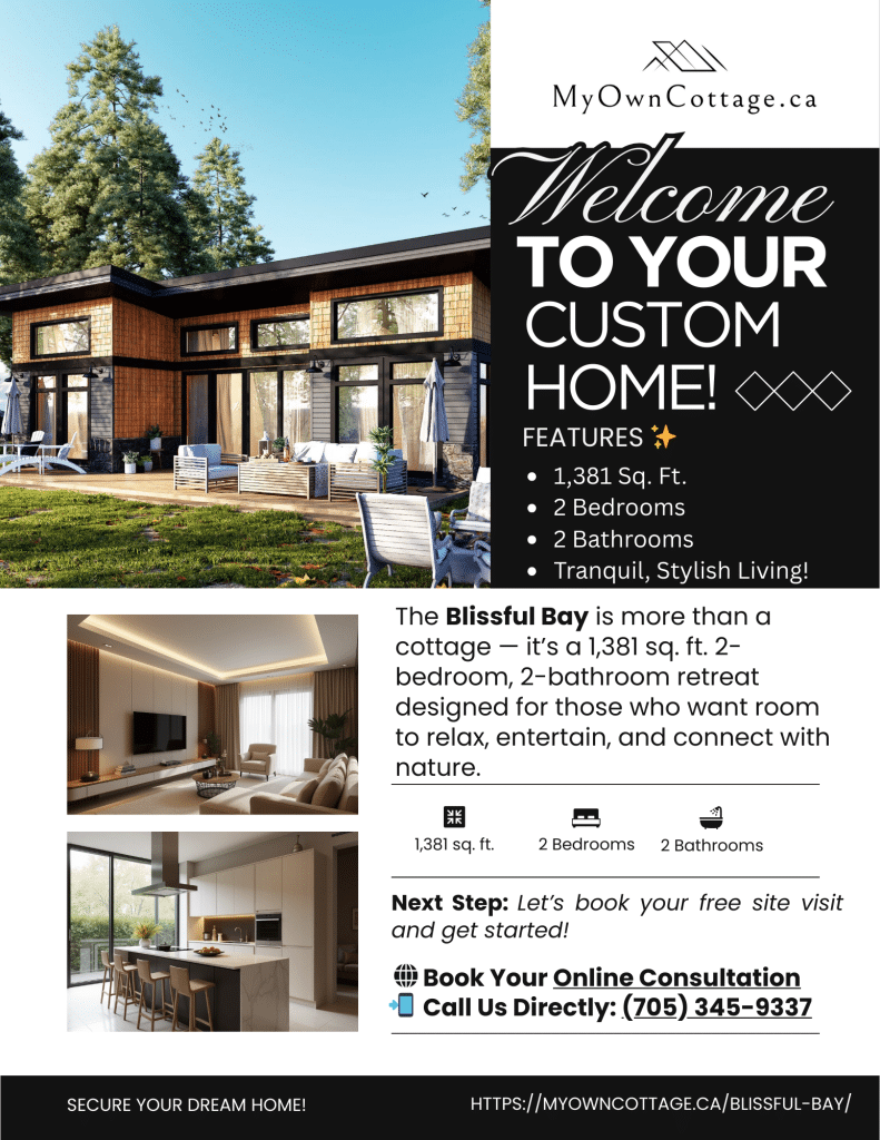 Blissful Bay prefab cottage brochure cover featuring a modern lakefront home with large windows, open deck, and serene natural surroundings — a customizable, energy-efficient design by My Own Cottage.