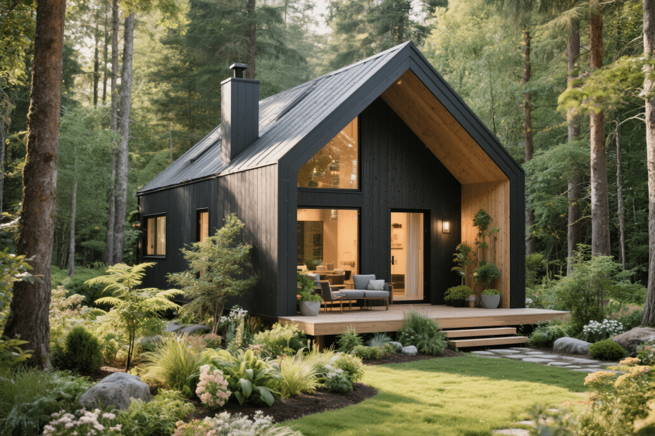 Affordable rustic prefab cottage nestled in a vibrant green forest in Ontario, Canada.