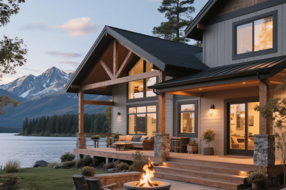 Upgraded prefab cottage in Ontario with large porch, firepit, modern windows, and scenic lake and mountain backdrop.